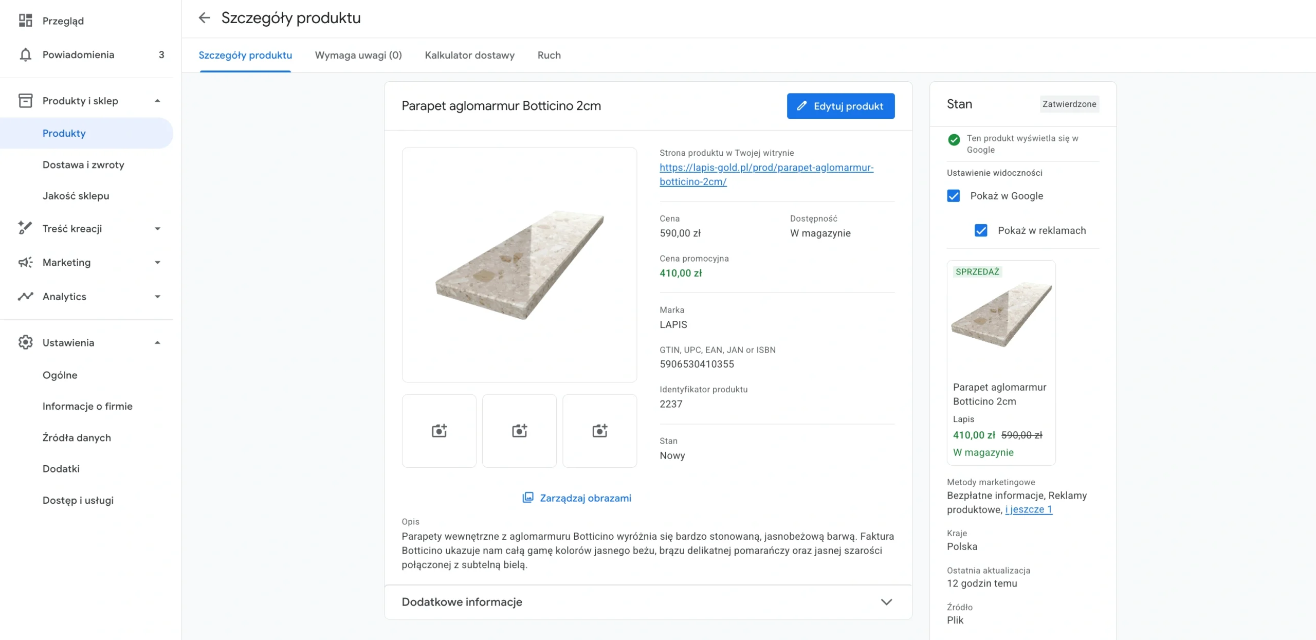 Atrybuty produktu w Google Merchant Center obejmujące cenę dostępność markę i GTIN