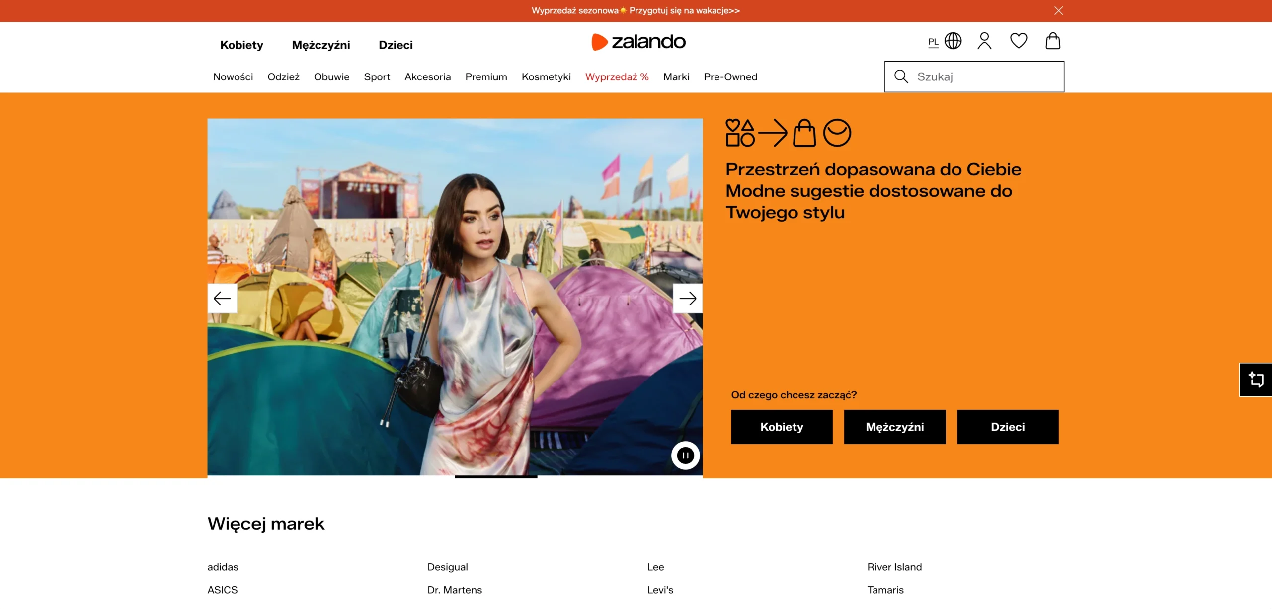 Zoptymalizowana strona e-commerce z czytelną nawigacją, wyszukiwarką, sezonowym hero i ścieżkami kategorii