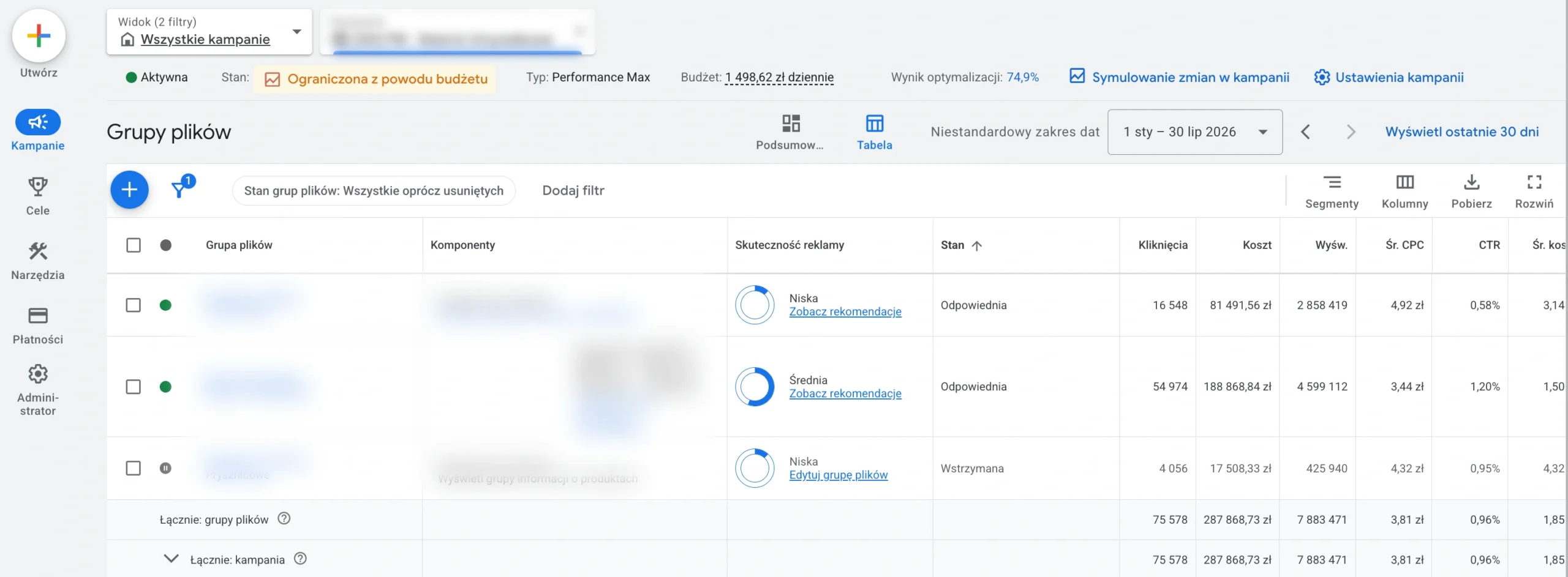 Grupy zasobów kampanii Performance Max w panelu Google Ads