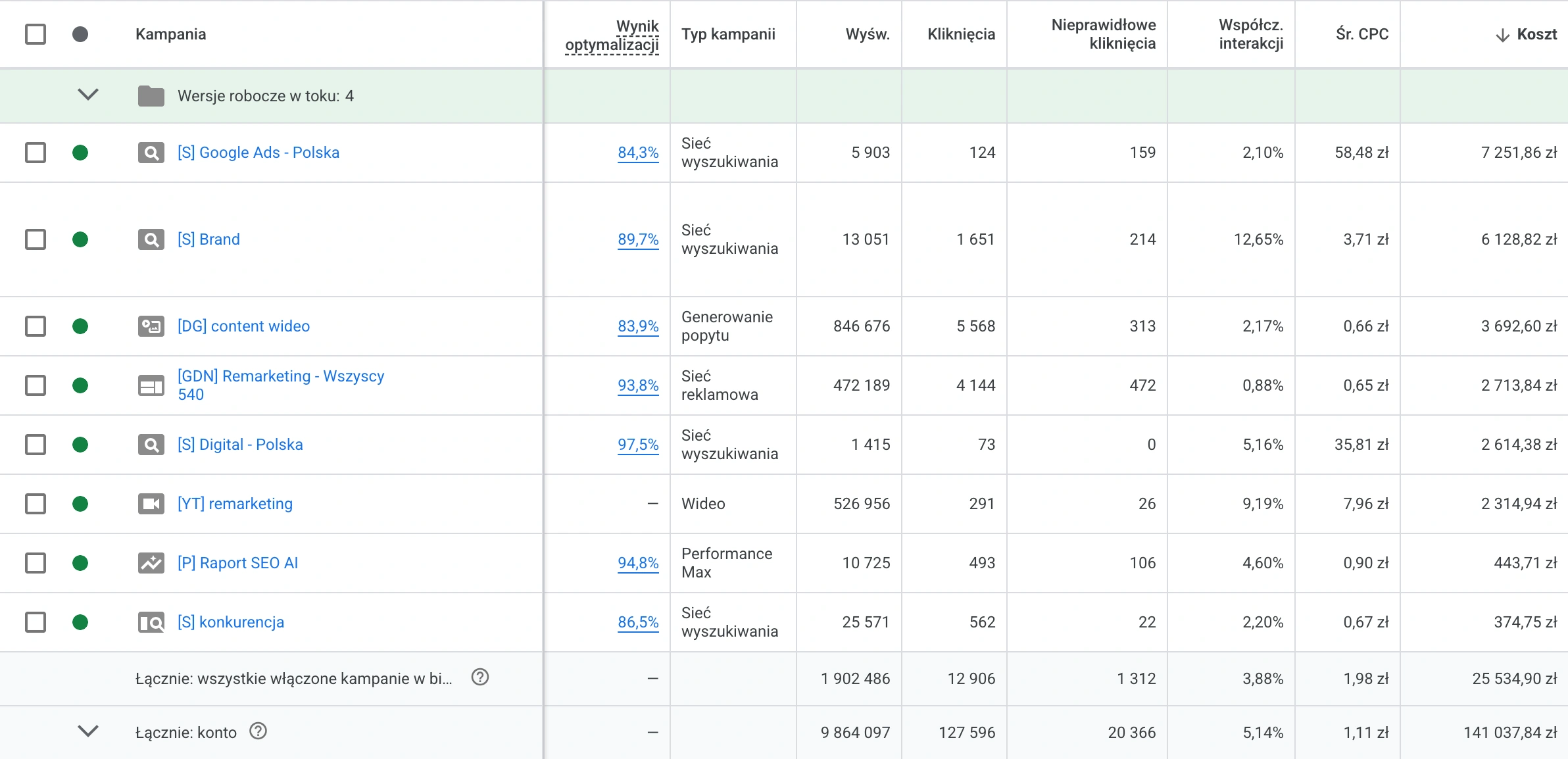 Panel Google Ads z kampaniami Search Shopping i Performance Max