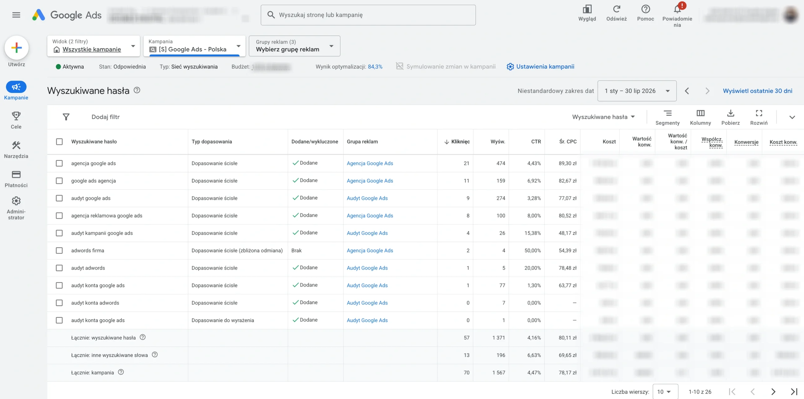 Raport wyszukiwanych haseł w Google Ads używany do dodawania wykluczających słów kluczowych