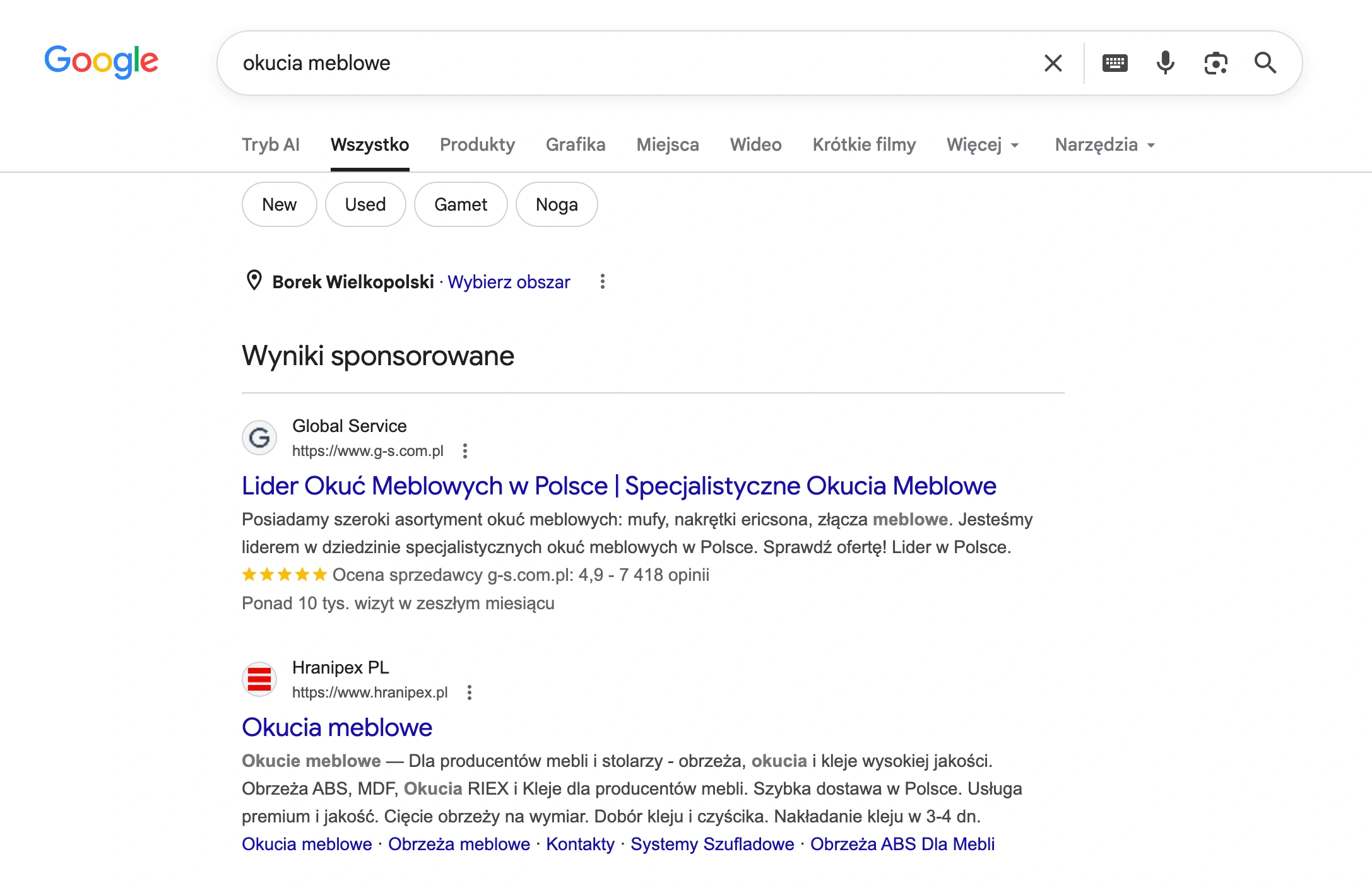 Reklama Google Ads wyświetlana nad wynikami wyszukiwania