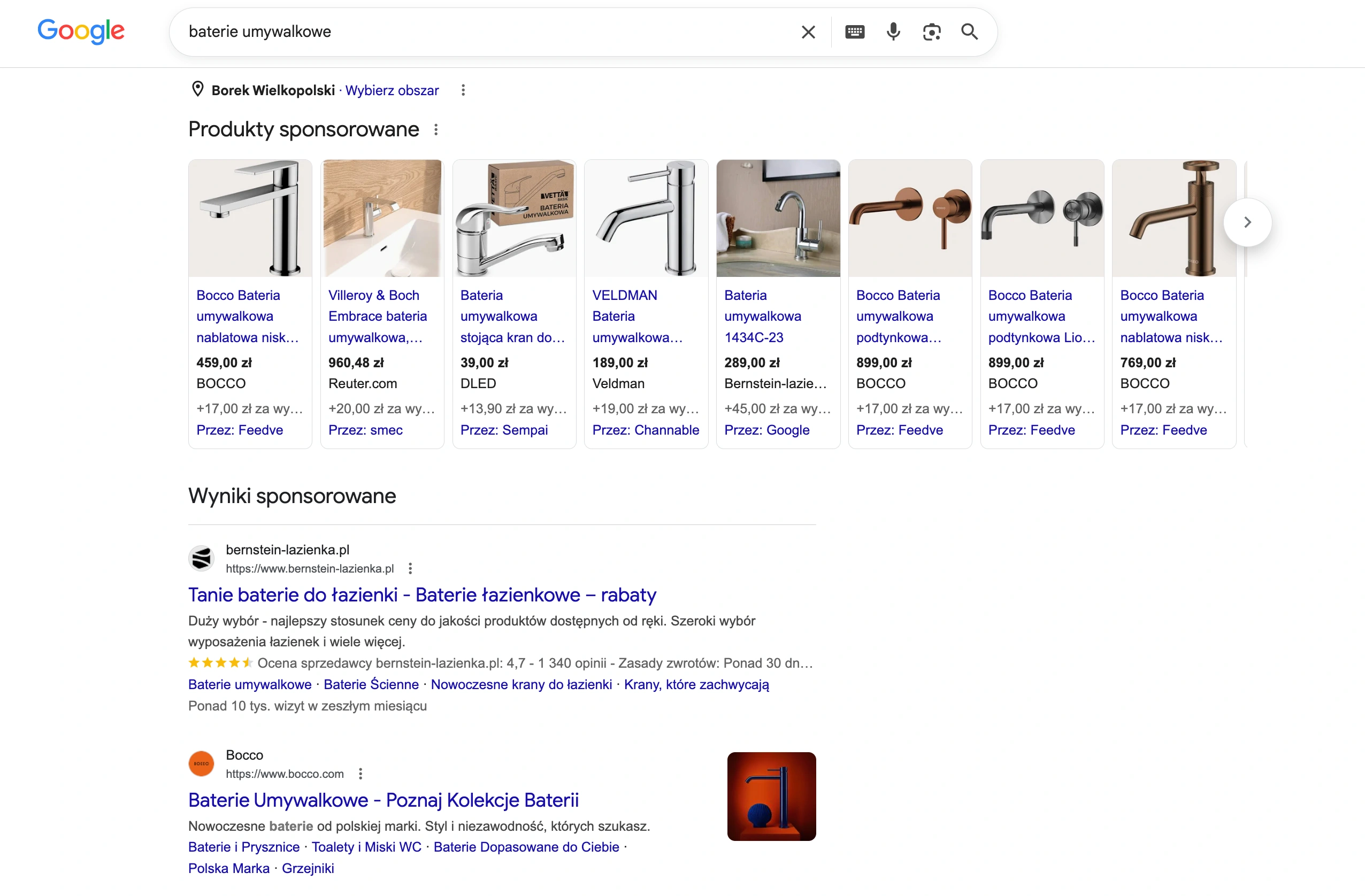 Reklama w sieci wyszukiwania Google Ads wyświetlana nad organicznymi wynikami Google