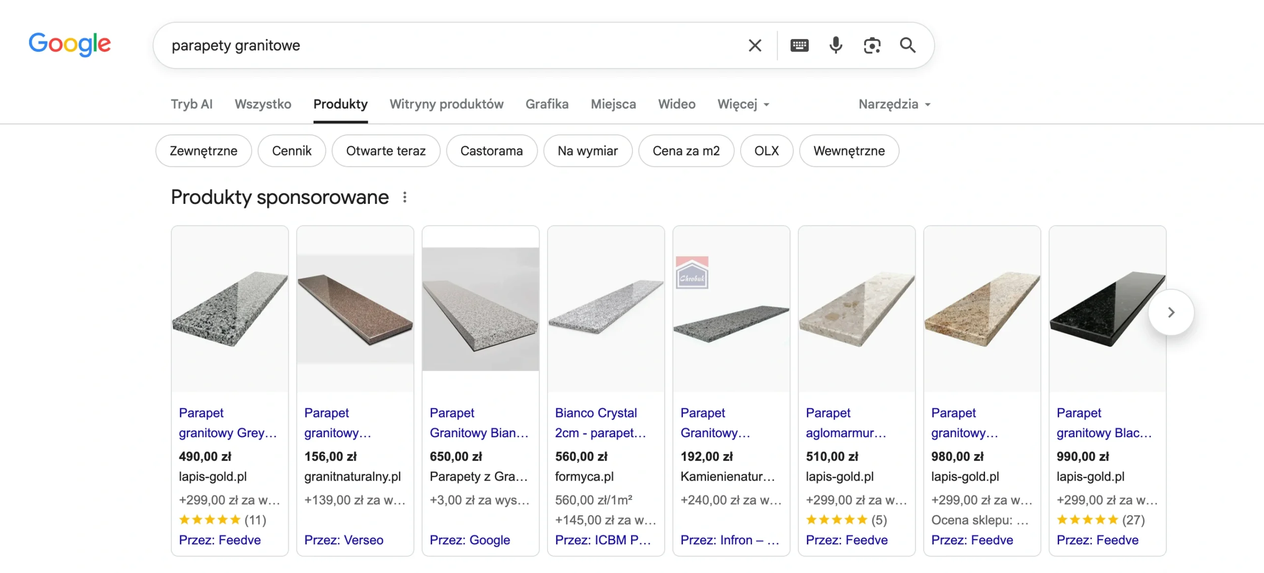 Reklamy produktowe Google Shopping widoczne w wynikach wyszukiwania