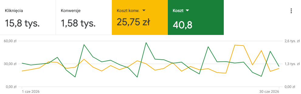 Wyniki kampanii Google Ads dla serwisu AGD w czerwcu 2026