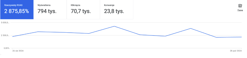 Wyniki kampanii Google Ads dla Hotelu Bania, 26 sierpnia–28 października 2024: 2 875,85% ROAS