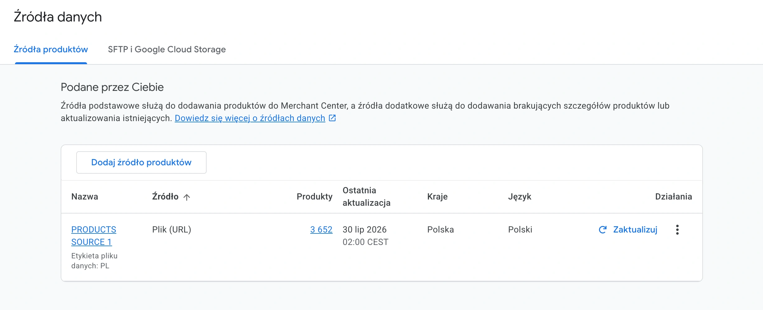 Źródło danych i aktualizacja feedu produktowego w Google Merchant Center
