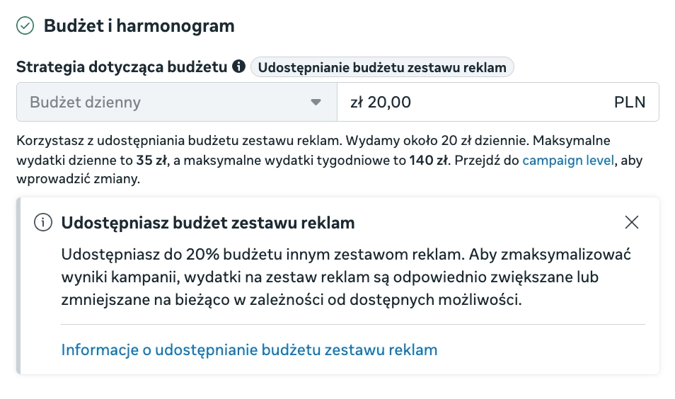 Budżet dzienny kampanii Facebook Ads w Menedżerze reklam Meta