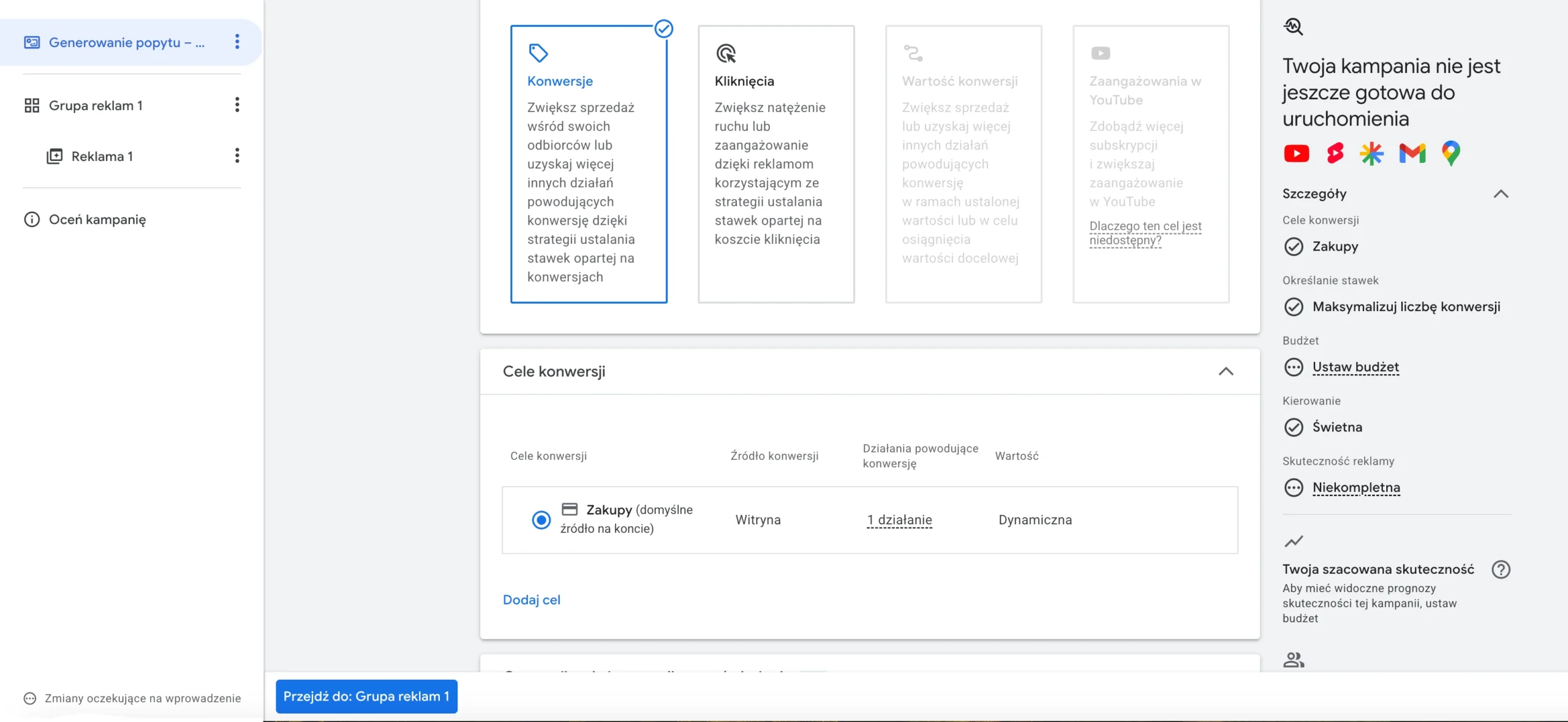 Konfiguracja kampanii Demand Gen w Google Ads z ustawieniami celu, budżetu i grup odbiorców.