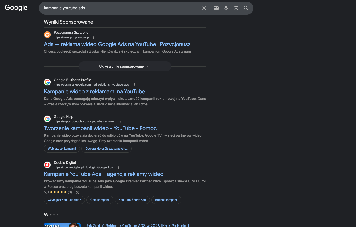 Fraza kampanie youtube ads: Double Digital w top 3 z ocenami 5,0