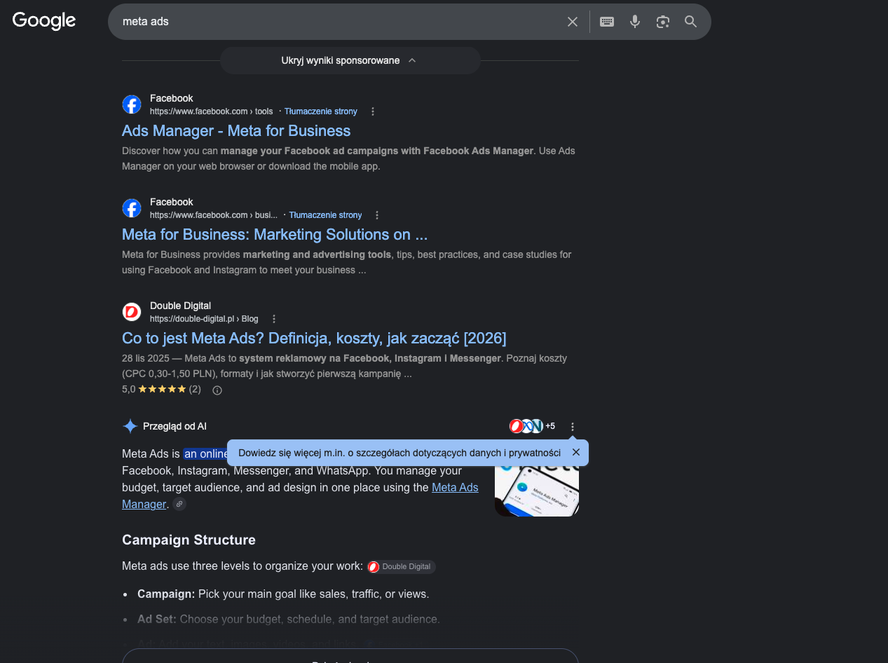 Fraza meta ads: Double Digital na pozycji 3 w Google, wyżej tylko Facebook