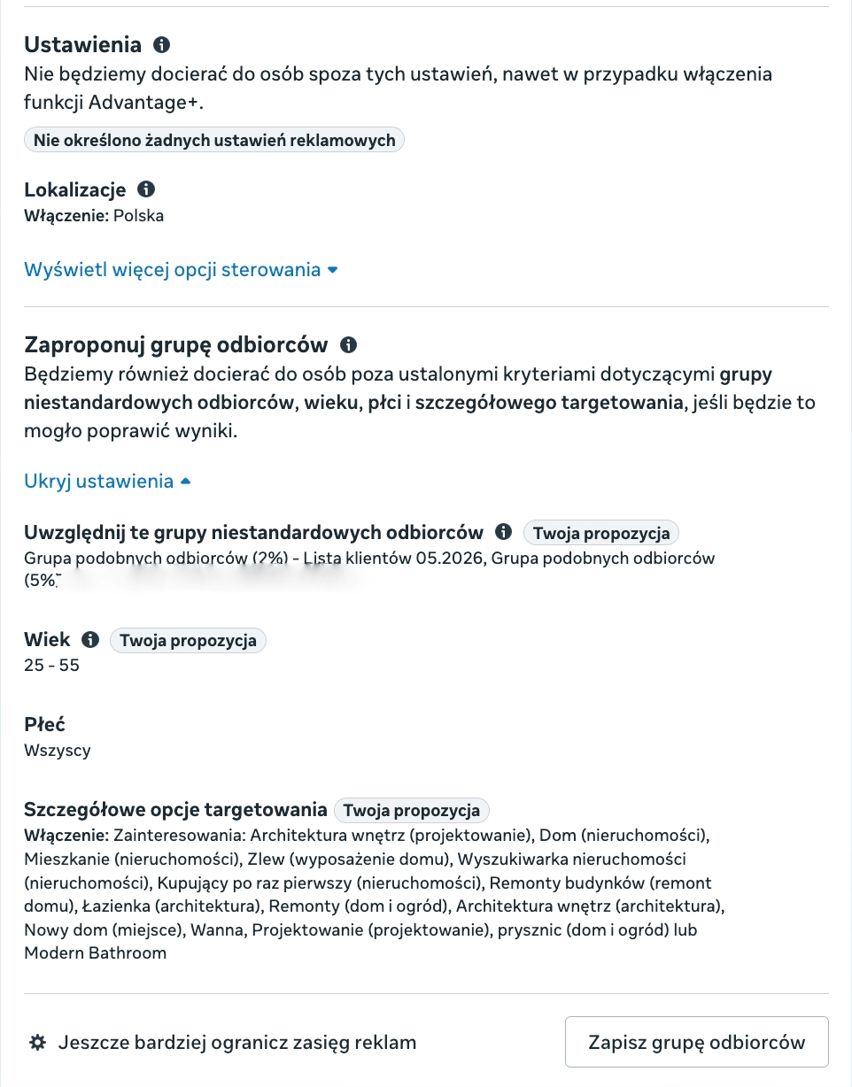 Ustawienia Advantage+ Audience i targetowania odbiorców w Meta Ads
