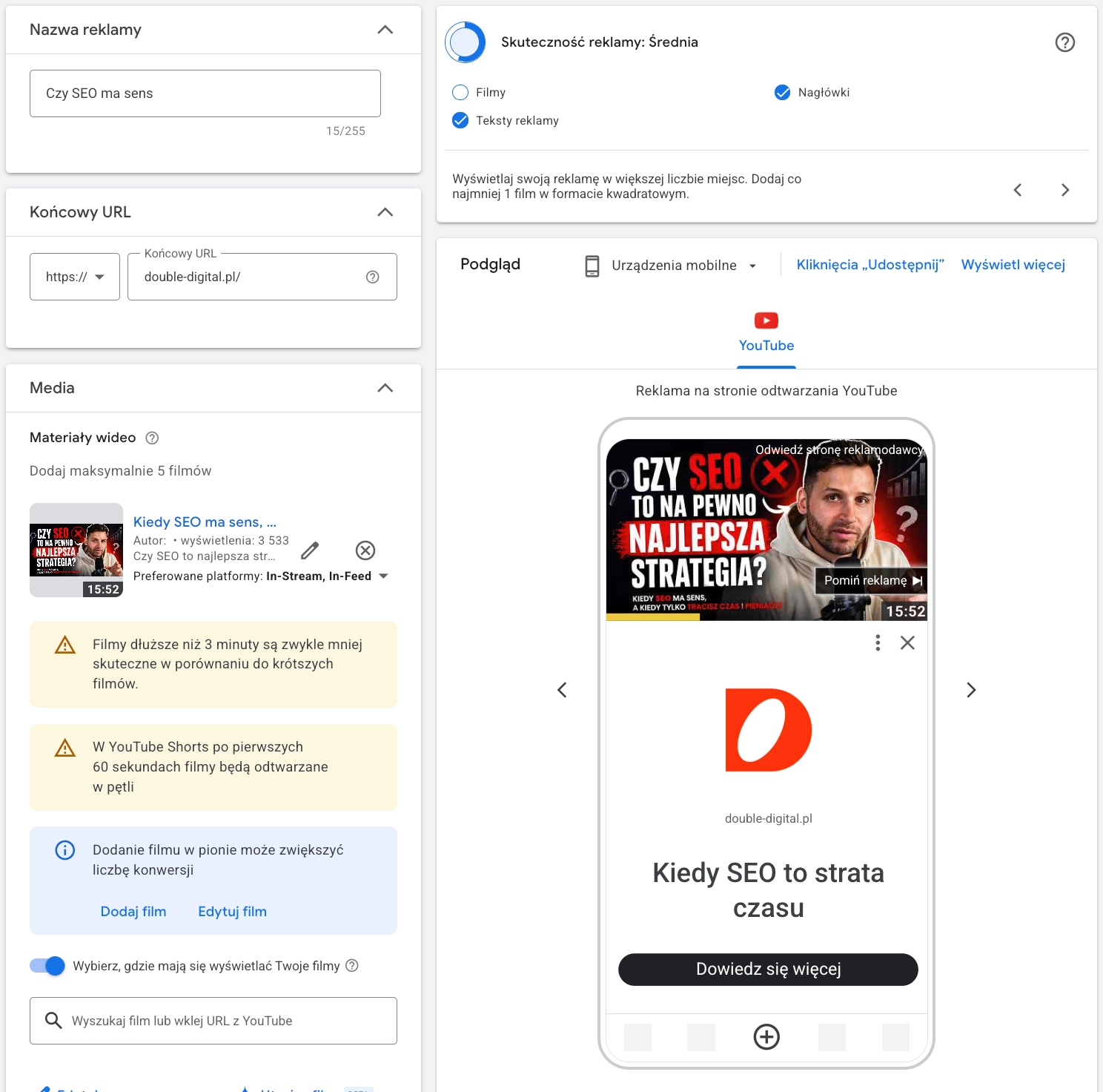 Ustawianie reklam Demand Gen w Google Ads z obrazami, materiałami wideo, tekstami i logo.