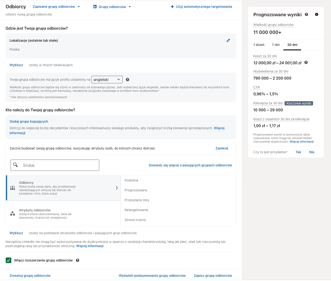 Konfiguracja grupy odbiorców kampanii LinkedIn Ads według danych zawodowych i firmowych