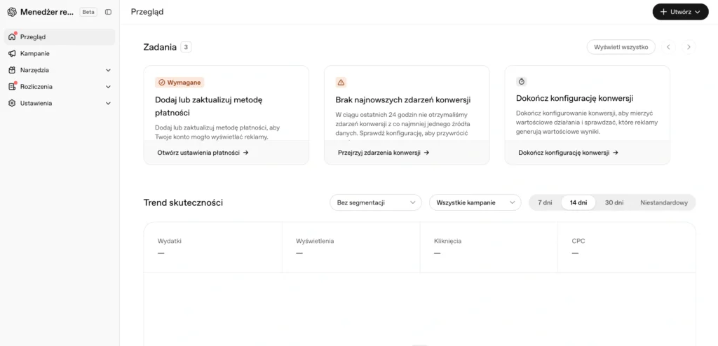 polskojęzyczny OpenAI Ads Manager Beta na koncie Double Digital.