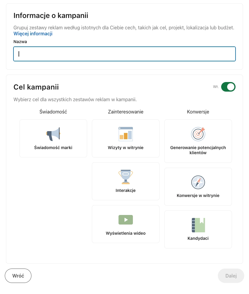 Ekran wyboru celu kampanii w LinkedIn Campaign Manager