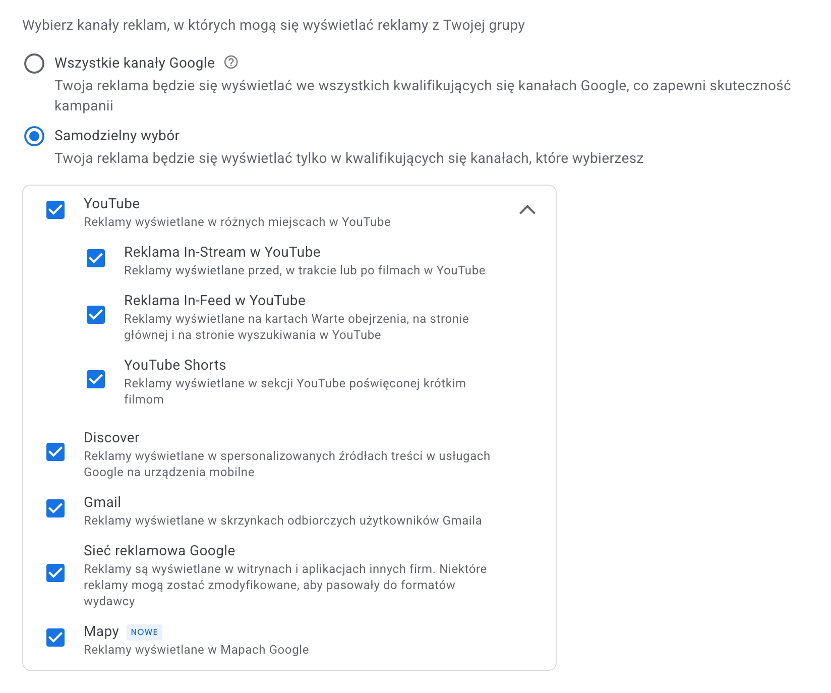 Wybór kanałów emisji kampanii Demand Gen w Google Ads.