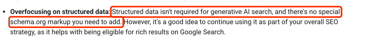Fragment przewodnika Google „Overfocusing on structured data”: Structured data isn't required for generative AI search.