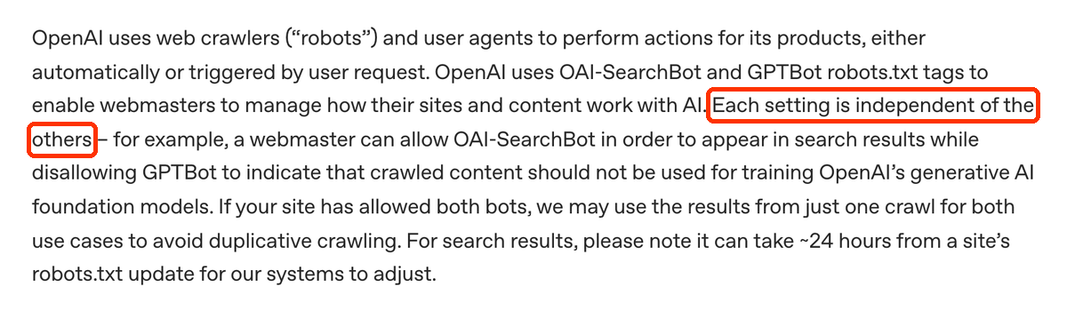 Fragment dokumentacji OpenAI: każde ustawienie jest niezależne, webmaster może wpuścić OAI-SearchBot i zablokować GPTBot; zmiana robots.txt działa po około 24 godzinach.