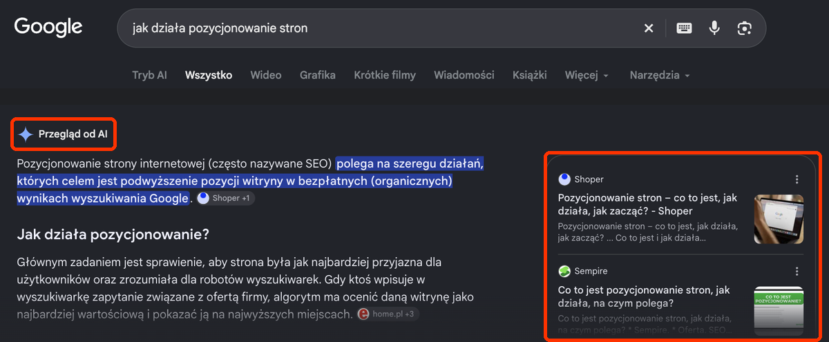 Zrzut polskiej wyszukiwarki Google: blok Przegląd od AI z odpowiedzią na pytanie jak działa pozycjonowanie stron i panelem linków do źródeł Shoper i Sempire.