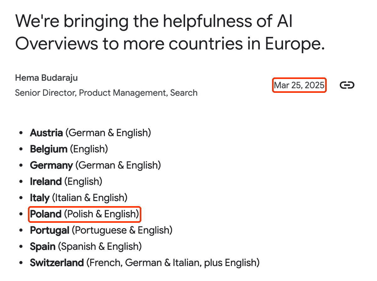 Fragment posta Google z 25 marca 2025 r. z listą krajów, w których startują AI Overviews; zaznaczono datę i pozycję Poland (Polish & English).