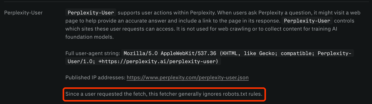 Fragment dokumentacji Perplexity: Perplexity-User pobiera strony na prośbę użytkownika i zwykle ignoruje reguły robots.txt.