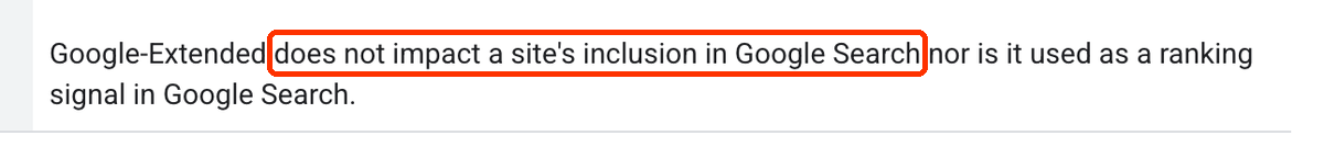 Fragment dokumentacji Google: Google-Extended nie wpływa na obecność strony w wyszukiwarce Google i nie jest sygnałem rankingowym.