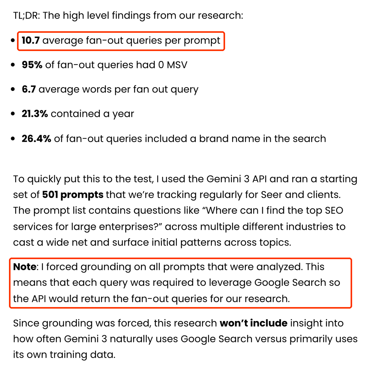 Dwa fragmenty badania Seer: 10.7 average fan-out queries per prompt oraz notatka, że grounding był wymuszony na wszystkich promptach.