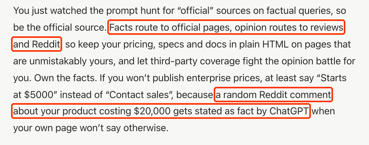 Fragment artykułu Suganthana: Facts route to official pages, opinion routes to reviews and Reddit; a random Reddit comment about your product costing $20,000 gets stated as fact by ChatGPT.