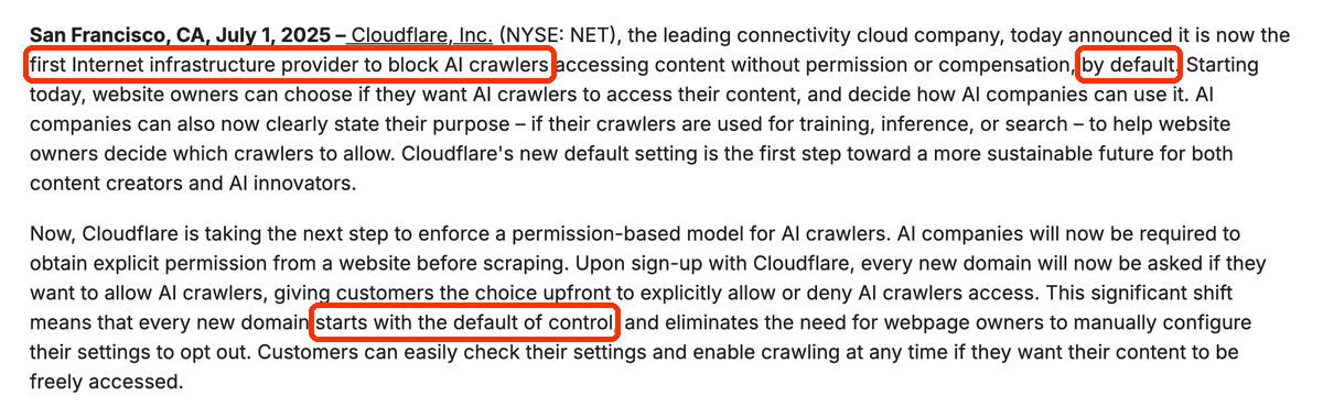 Fragment komunikatu Cloudflare z 1 lipca 2025 r.: Cloudflare domyślnie blokuje boty AI, a każda nowa domena jest przy rejestracji pytana, czy je wpuścić.