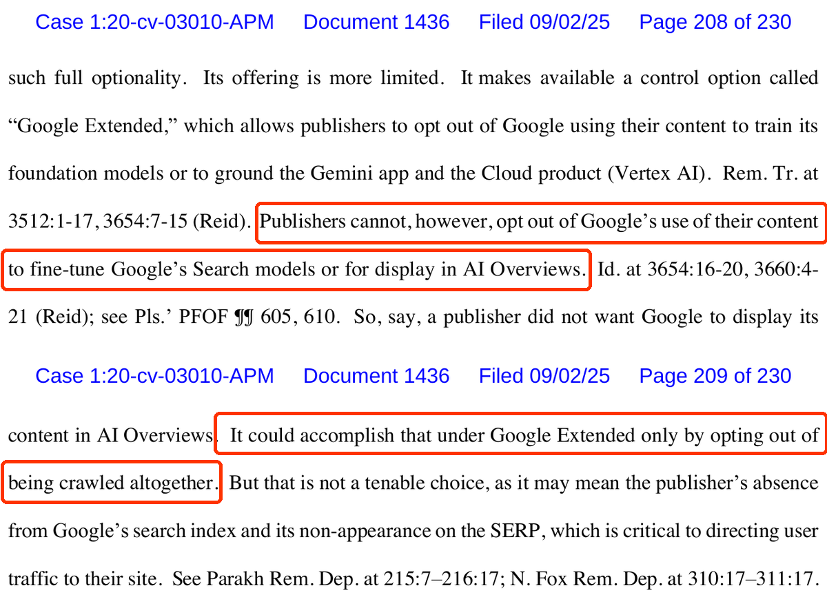 Fragment orzeczenia sądu USA z 2 września 2025 r.: wydawcy nie mogą zrezygnować z wyświetlania treści w AI Overviews, a Google Extended pozwala na to tylko przez całkowitą rezygnację z indeksowania.