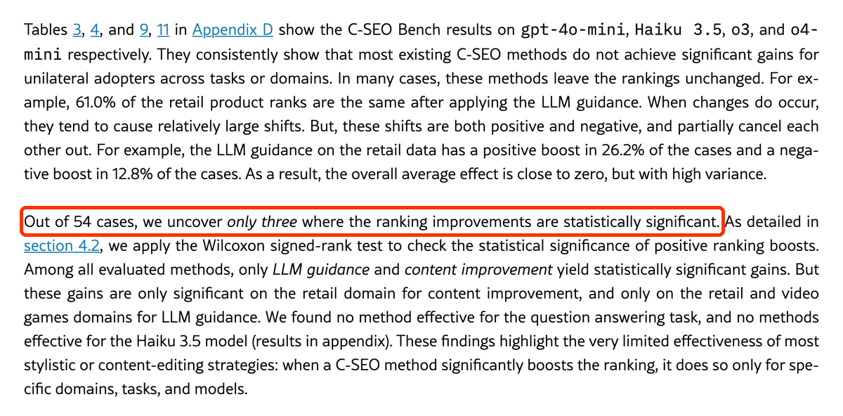 Fragment pracy C-SEO Bench: „Out of 54 cases, we uncover only three where the ranking improvements are statistically significant”.