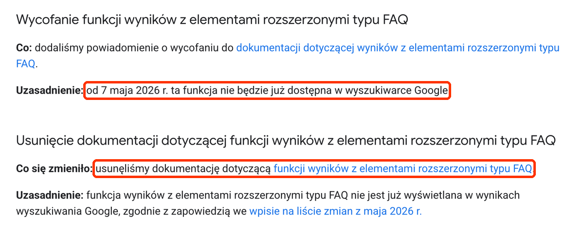 Dwa wpisy z listy zmian Google: wycofanie wyników rozszerzonych typu FAQ i usunięcie dokumentacji tej funkcji.
