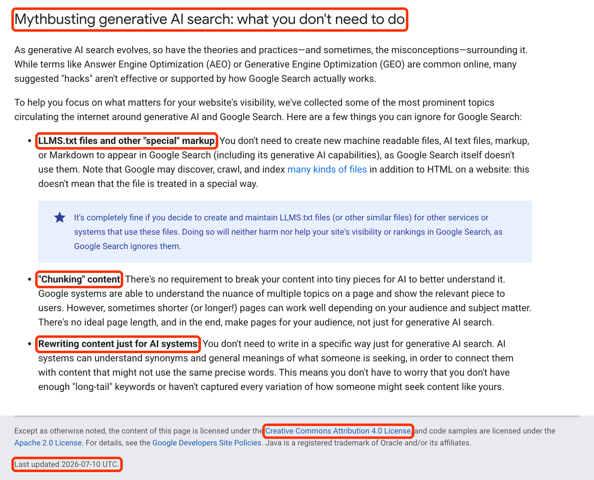 Fragment dokumentacji Google Mythbusting generative AI search z listą rzeczy, których nie trzeba robić: LLMS.txt, chunking treści, przepisywanie treści pod AI.