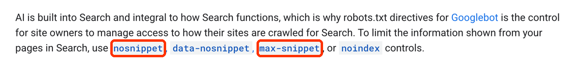 Fragment dokumentacji Google: do ograniczenia informacji pokazywanych w wyszukiwarce służą nosnippet, data-nosnippet, max-snippet i noindex.