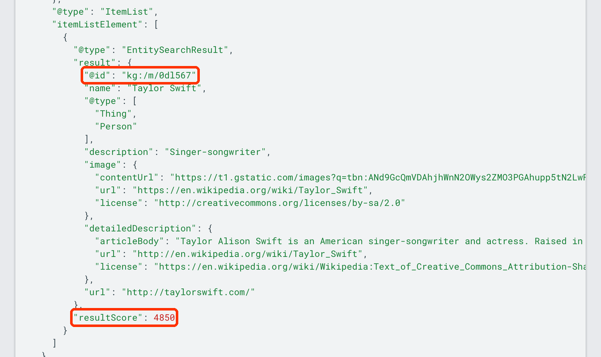 Fragment odpowiedzi JSON-LD z Knowledge Graph Search API: @id kg:/m/0dl567 i resultScore 4850.