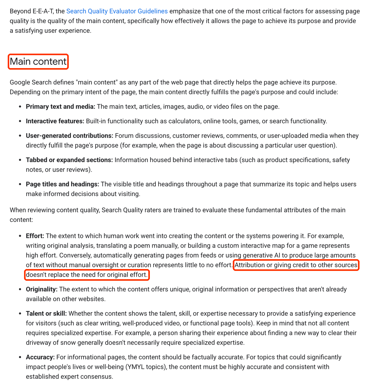 Fragment dokumentacji Google: definicja głównej treści strony i cztery cechy oceniane przez testerów; zaznaczone zdanie „Attribution or giving credit to other sources doesn't replace the need for original effort”.