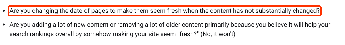 Fragment dokumentacji Google: Are you changing the date of pages to make them seem fresh when the content has not substantially changed?