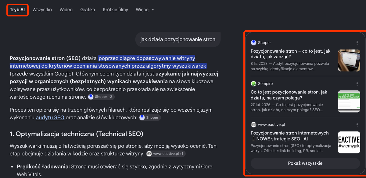 Zrzut trybu AI w Google po polsku: odpowiedź na pytanie jak działa pozycjonowanie stron z linkami do źródeł w panelu po prawej.