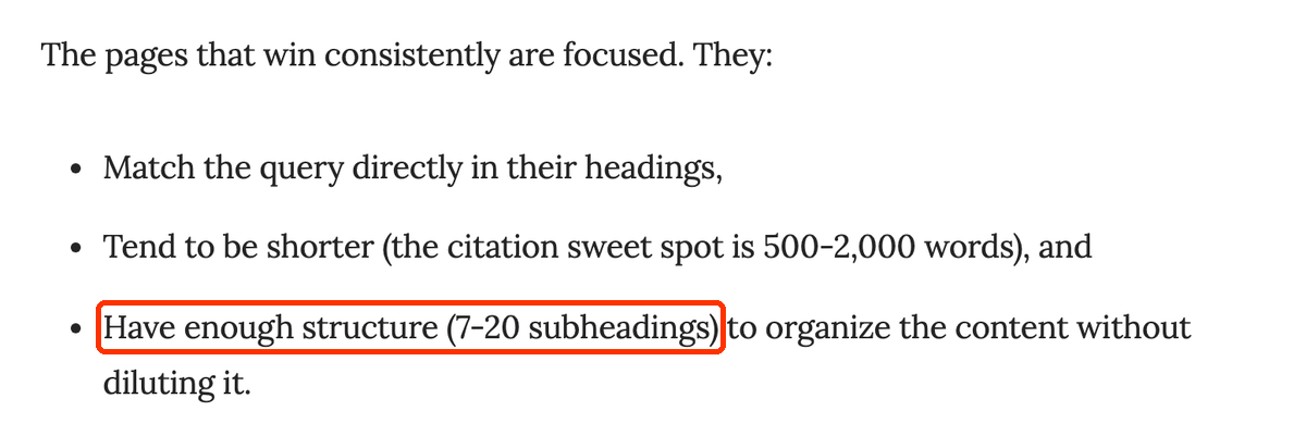 Fragment artykułu w Search Engine Journal z zaleceniem „Have enough structure (7-20 subheadings)”.
