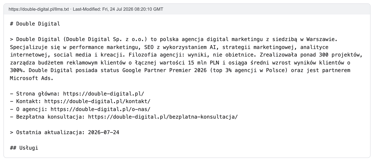 Początek pliku llms.txt Double Digital: nagłówek z nazwą firmy, opis agencji i linki do strony głównej, kontaktu i bezpłatnej konsultacji; ostatnia aktualizacja 24 lipca 2026.