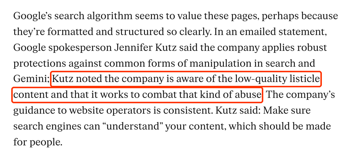 Fragment artykułu The Verge: Kutz noted the company is aware of the low-quality listicle content and that it works to combat that kind of abuse.