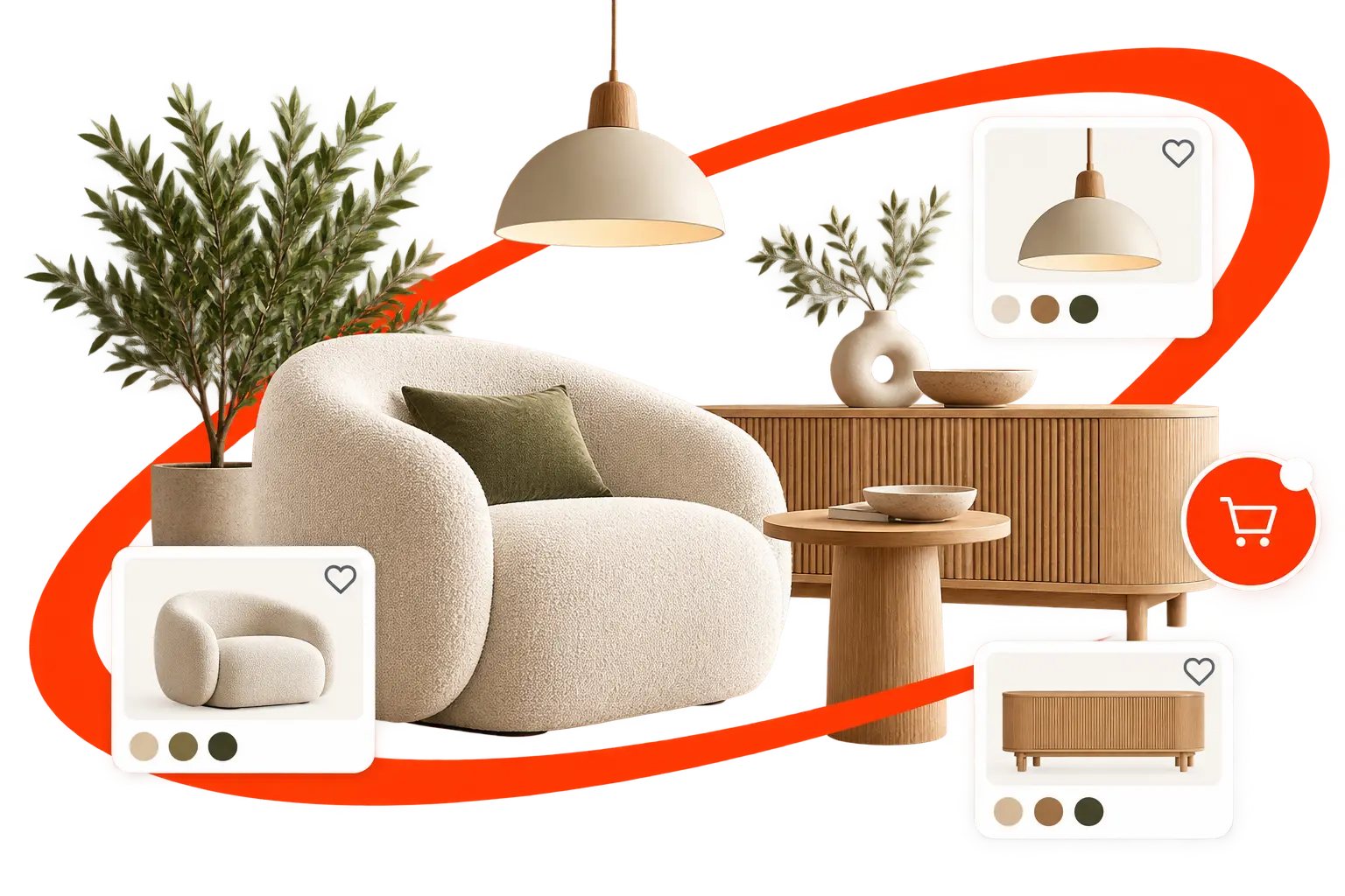 Produkty home and living: fotel, meble i oświetlenie w czerwonej oprawie graficznej Double Digital